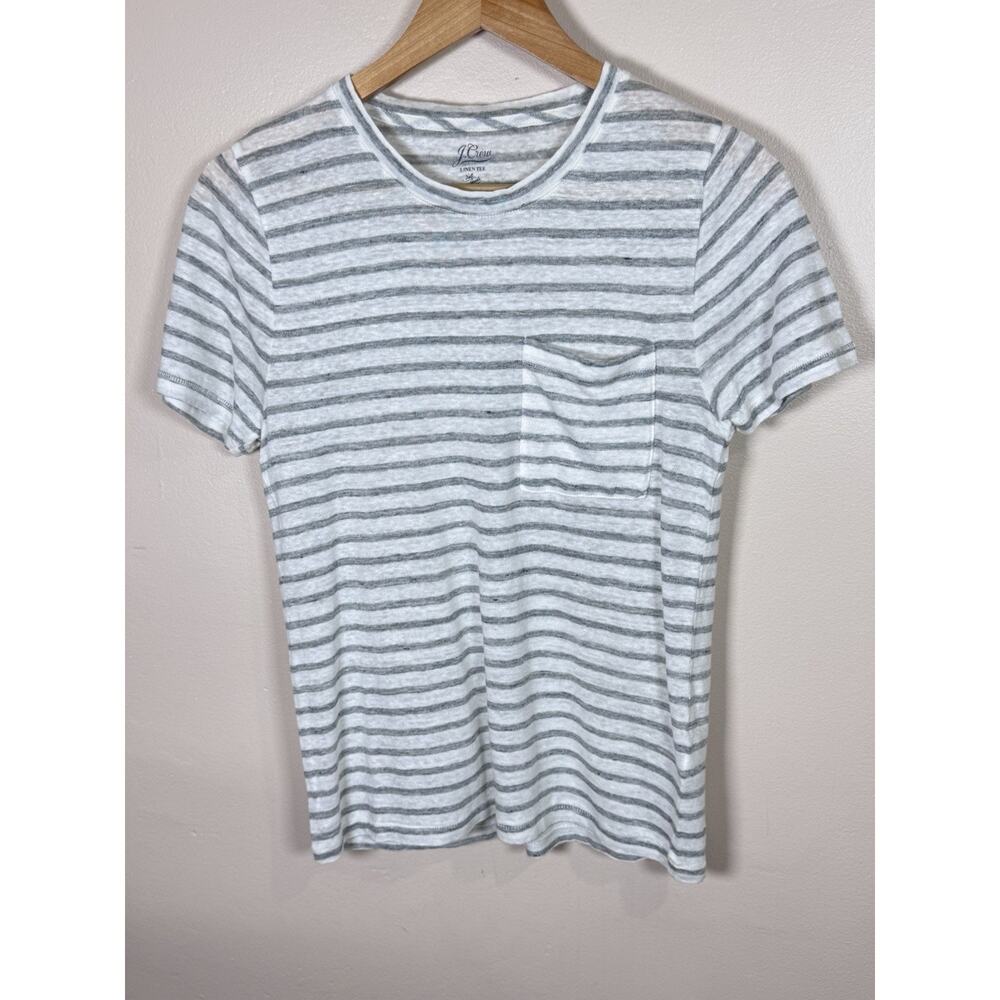 J. Crew Womens 100% Linen Tee Short Sleeve Gray Striped Pocket Crew Neck M